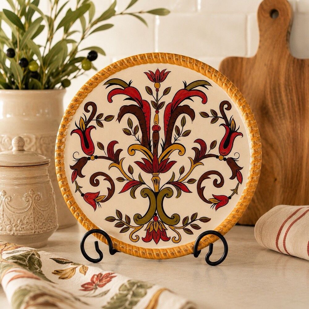 Pier 1 Oralia 8 3/8” Earthenware Trivet Hot Pad Floral Discontinued Tuscan
